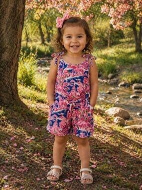 Girls Pink & Blue Floral Tie-Shoulder Romper 3T (021)